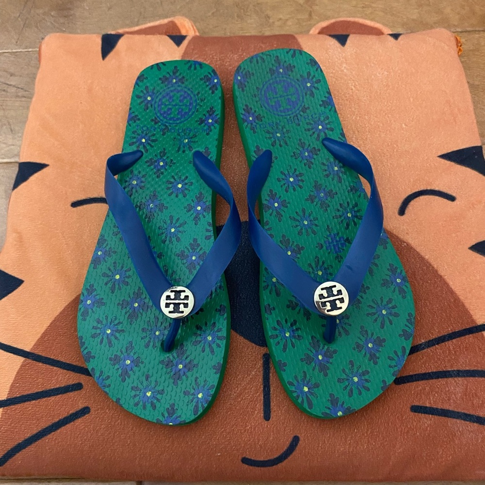 Tory Burch Green and Blue Flip Flops EUC
